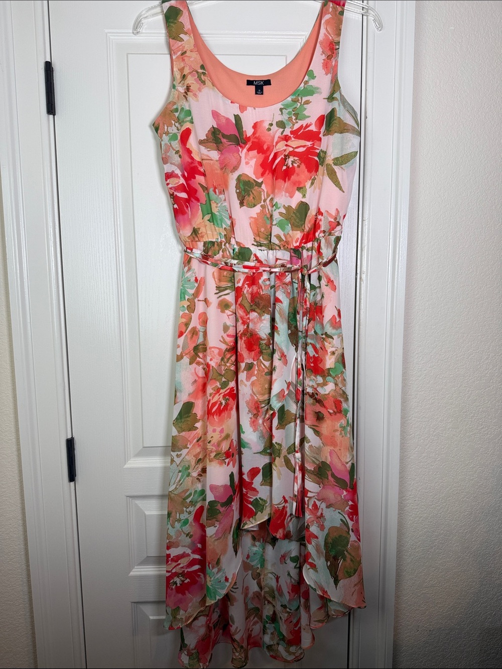 MSK Pink Floral Sleeveless High-Low Belted Dress - Picture 2 of 5